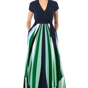 eShakti Navy and Green Striped Maxi Dress with Pockets